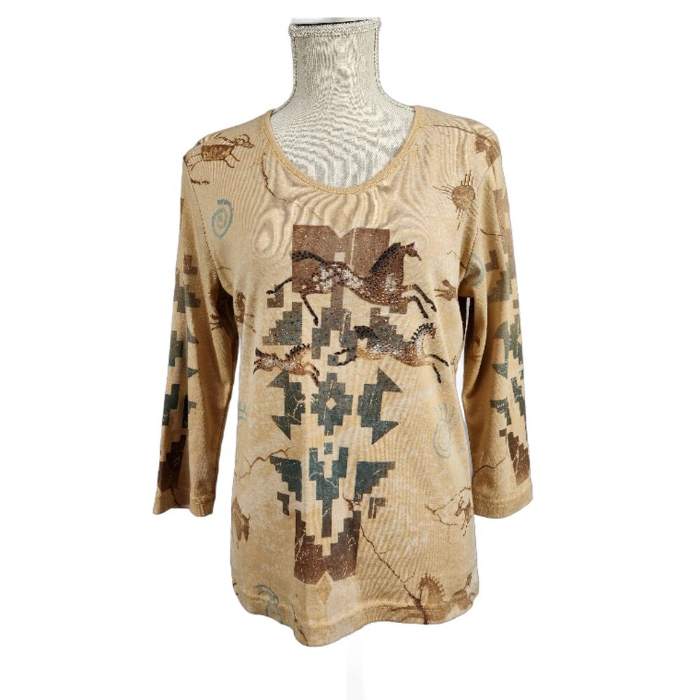 Cactus Bay Southwestern 3/4 Sleeve Top Womens M Brown Bling Cowboy T Shirt
